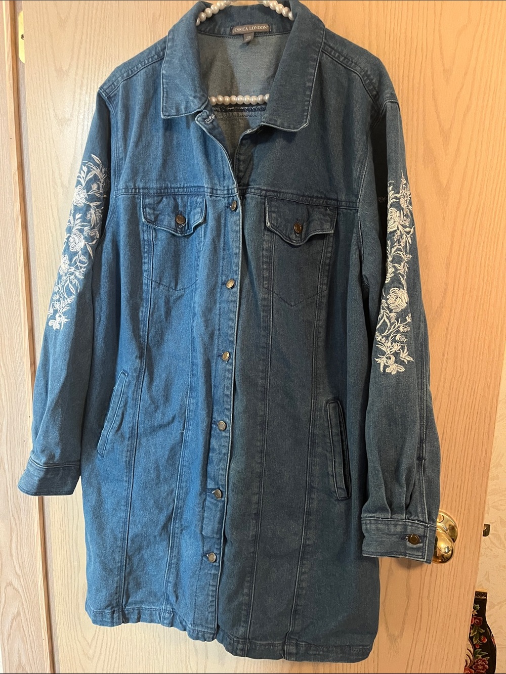 Jessica London Blue Denim Jacket with White Sleeve Embroidery